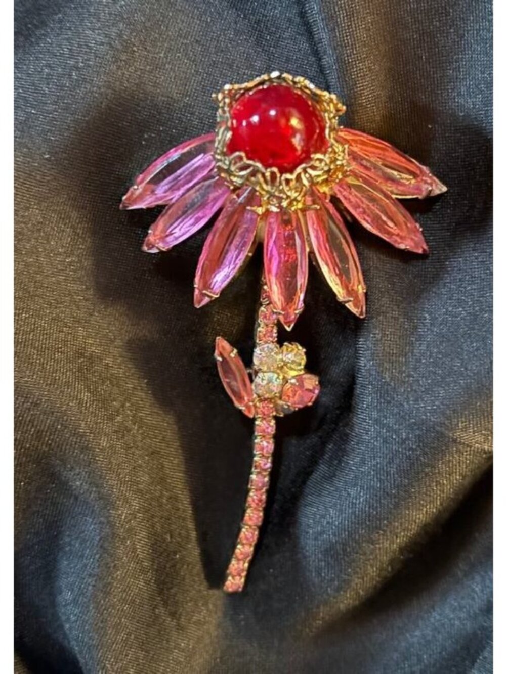 Gorgeous Pink Pedal Flower with Aurora Borealis Rhinestone and Red Center Brooch